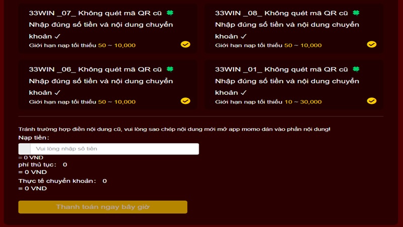 Hướng dẫn người chơi nạp tiền 33WIN qua Momo